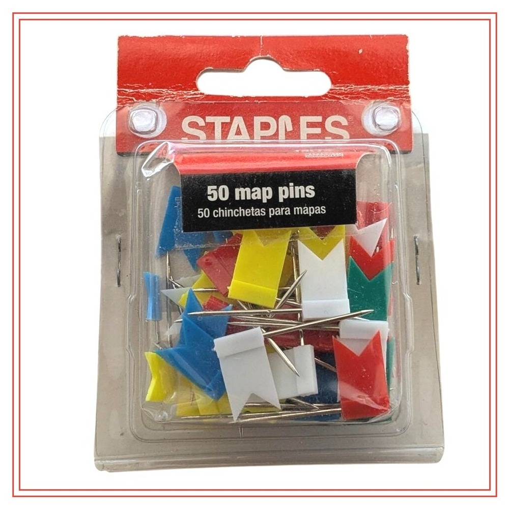 Vintage 2002 Staples Map Pins – 50 Pack Flag Shape Multicolor 24mm New Sealed